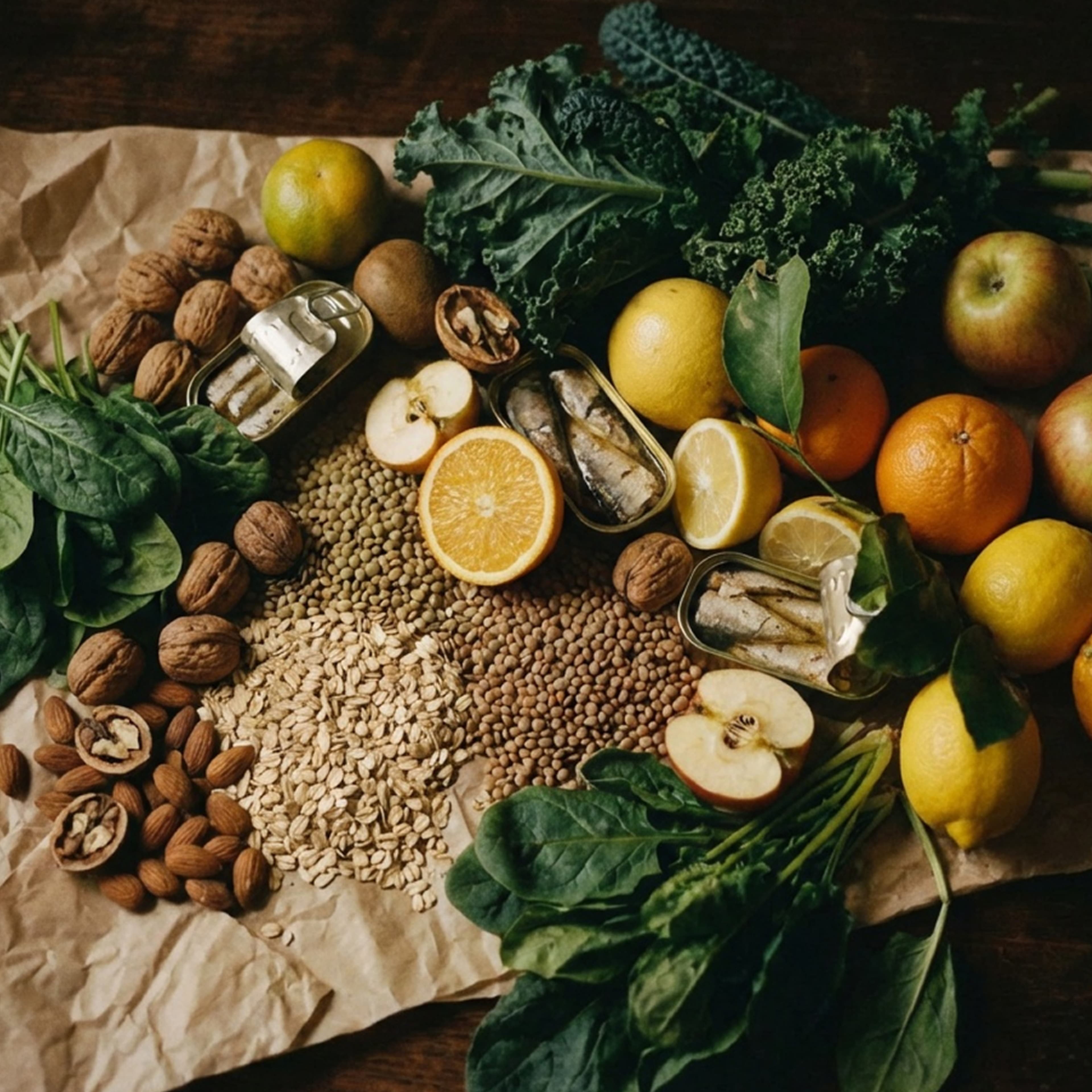 A tabletop filled with fruit and nuts